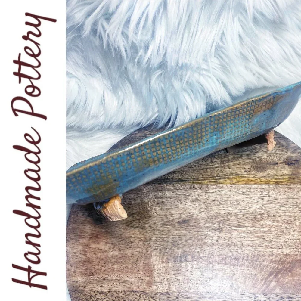 HANDMADE ARTISAN FOOTED TURQUOISE BROWNSTONE‎ TRAY Rectangular Glazed